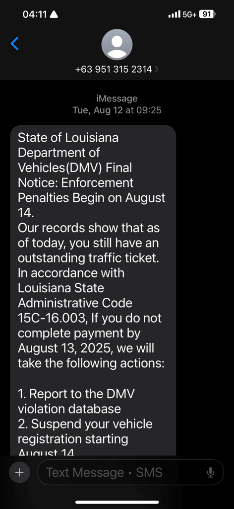 Short Code State of Louisiana Department of Vehicles text messaging